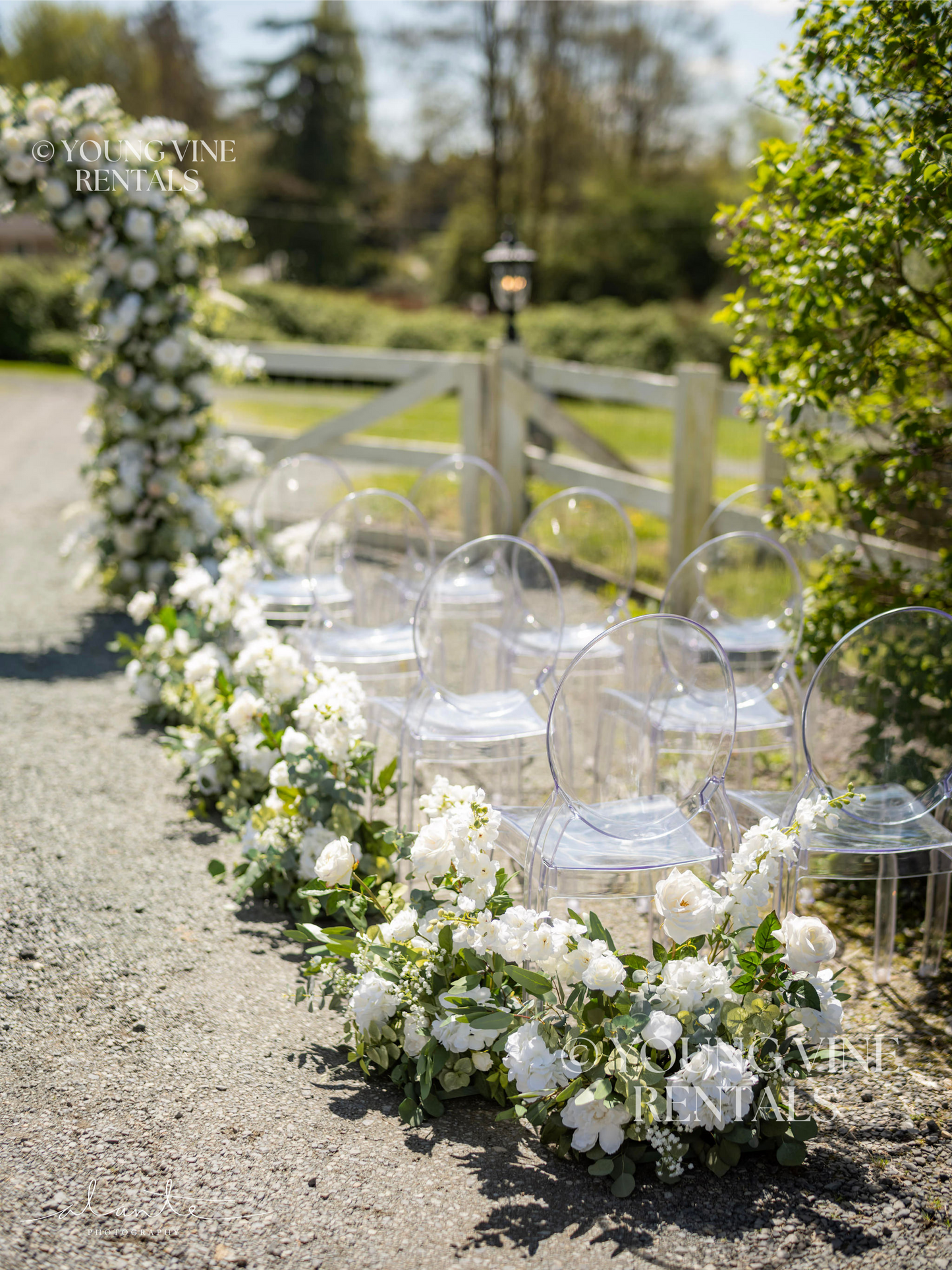 Outdoor winery wedding ceremony with clear acrylic Ghost chairs arranged in four rows. The aisle is decorated with lush floral arrangements in white, cream, and green. In the background is a lush and romantic floral arbor, studded with an abundance of ivory and white flowers and various types of eucalyptus foliage.