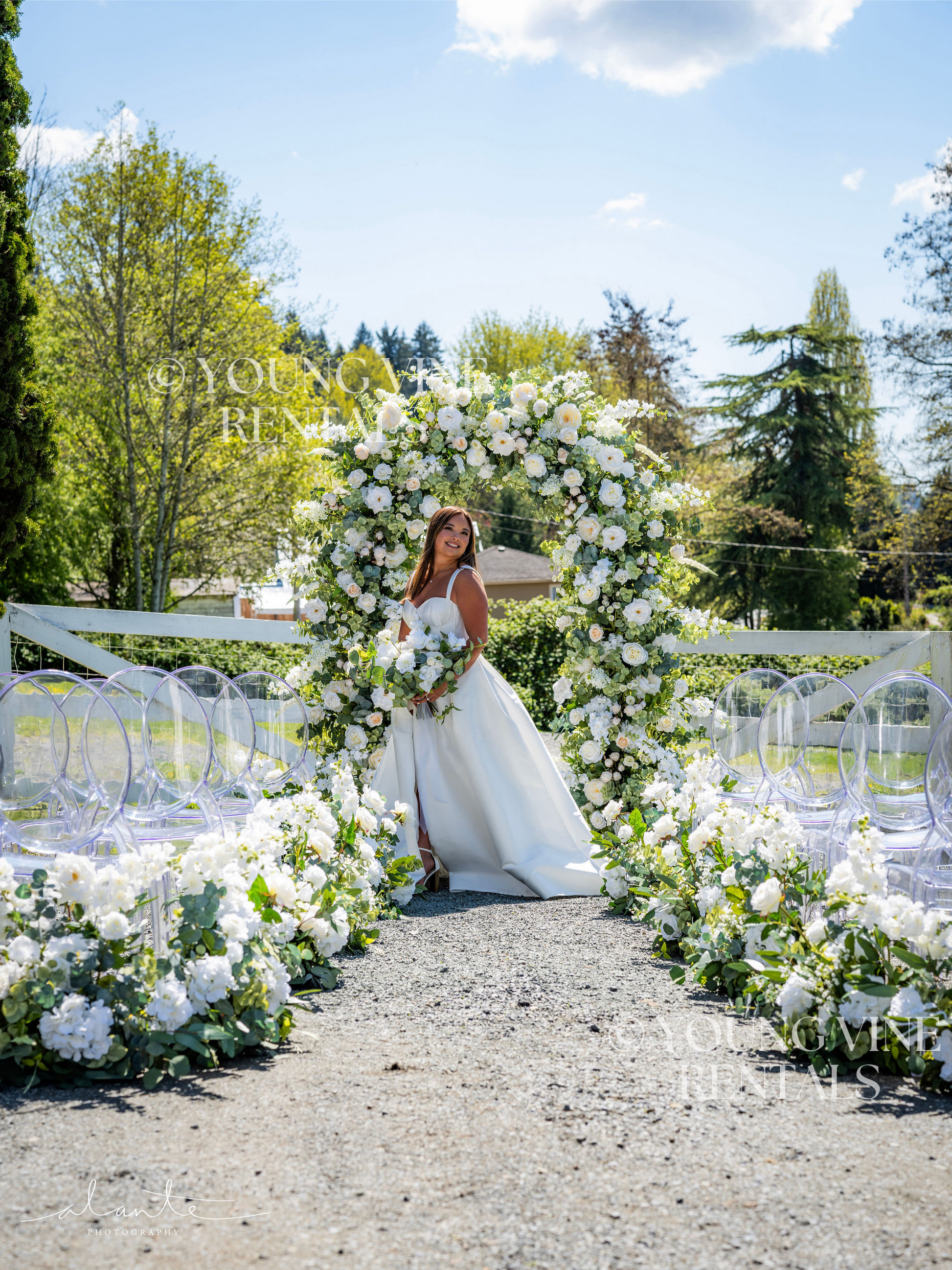Outdoor winery wedding ceremony with clear acrylic Ghost chairs arranged in rows, accented by lush aisle arrangements in white and green, with a focal wedding arch in the center. A tan brunette bride stands in front of the arbor in a modern white satin ballgown, holding a white and green floral bouquet with a loose organic shape. The arbor is lush and romantic, and is studded with an abundance of ivory and white flowers and various types of eucalyptus foliage, 